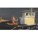 Chiovini Ferenc (1899-1981): Emberek a vízparton. Olaj, vászon. Jelezve jobbra lent. Dekoratív, kissé sérült fakeretben...