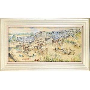 Pécsi Pilch Dezső (1888-1949): Hídépítés (Újpesti vasúti híd?). Akvarell, papír, jelezve jobbra lent...