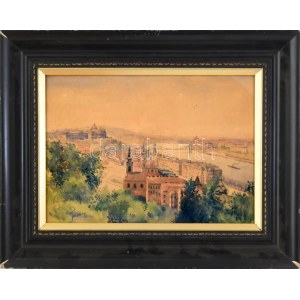 Turi-Jobbágy Miklós (1882-?): Budapesti panoráma a Tabánnal. Akvarell, papír, jelzett, üvegezett fakeretben, 25,5×36...