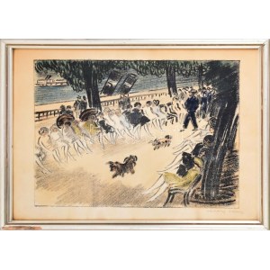 Vaszary János (1867-1939): Dunakorzó. Színezett litográfia, papír, jelzett, üvegezett fakeretben, 29x40,5 cm ...
