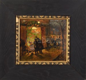 Berkes Antal (1874-1938): Az utca fényei. Olaj, karton. Jelezve jobbra lent. 23x24 cm. Dekoratív fakeretben. ...