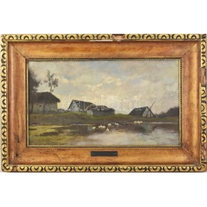 Edvi Illés Aladár (1870-1958): Faluvége. Olaj, vászon. Jelzett. Dekoratív, sérült fakeretben. 34x61 cm / oil on canvas...