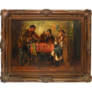 Horváth G. Andor (1876-?): Mulatozók. Olaj, vászon, egy kis szakadás, jelzett, sérült keretben...