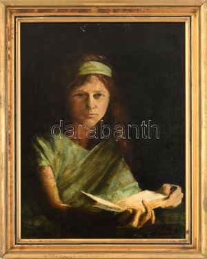 Glatter Ármin (1861-1931): Lány zöld ruhában. Olaj, vászon, jelezve jobbra lent, dekoratív fakeretben, 45×34 cm ...