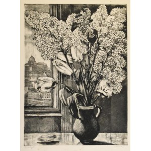 Maurer Dóra (1934-): Virágok. Rézkarc, papír, kartonra kasírozva, jelzett, lap széle kissé foltos...