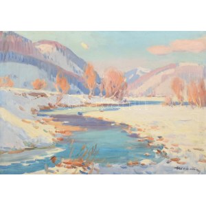 Soltész Zoltán (1909-1990): Téli Kárpátok (Kárpátalja). Olaj, vászon, jelzett. Fa keretben, 50×70 cm / Zoltán Soltész ...