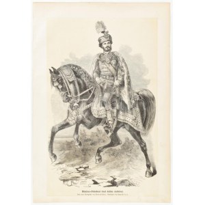 1867 Gróf Andrássy Gyula (1823-1890) miniszterelnök lovon, teljes díszben, rotációs fametszet, rajzolta: Franz Kollarz...