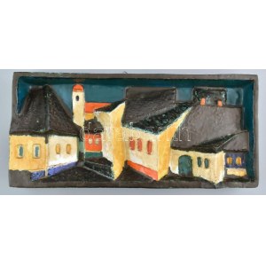 Csekovszky Árpád (1931-1997): Szentendrei városrészlet, kerámia fali dombormű, jelzett, apró kopással, 20x44 cm ...