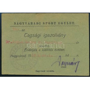 1913 Nagyváradi Sport Egylet tagsági igazolványa nagyváradi rendőrkapitány részére