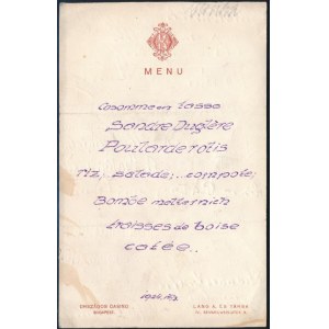 1924 Országos Casino menükártyája, a hátoldalakon számos aláírással, közte Lónyay...