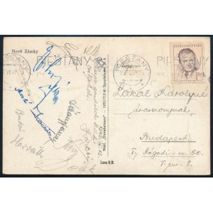 1949 FTC tagjainak aláírása képeslapon (Czibor, Budai, Kocsis, Dékány, Deák, lakat, Guba, Kéri, Horváth, Szabó...