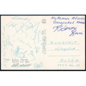 1967 A magyar labdarúgó válogatott játékosai által aláírt képeslap Algerből Szűcs. Farkas, Bakos, Korsós, stb ...