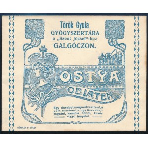 cca 1910 Galgóc (Hlohovec/Freistadt), Török Gyula Gyógyszertára a Szent József-hez Ostya/Oblaten boríték...