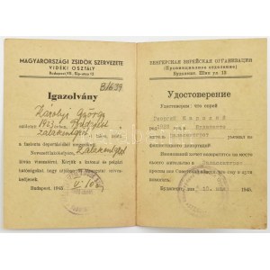 1945 Bp., Magyarországi Zsidók Szervezete vidéki osztály kétnyelvű igazolvány