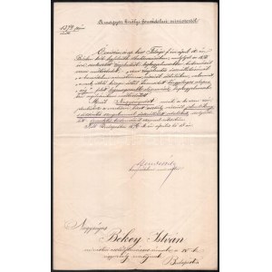 1876 Békey István miniszteri osztálytanácsos, a IV. ügyosztály vezetője részére szóló elismerési értesítés...