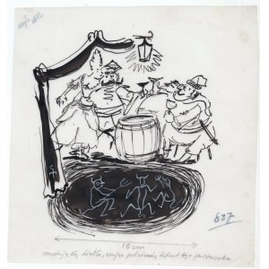 Stanisław Miedza-Tomaszewski rysunek na folii Radują się diabli czując pod ziemią tentent tego jarmarku [folia ilustracyjna, ca 1947]