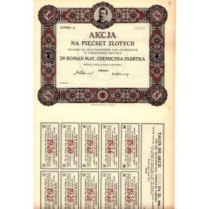 Dr. Roman May - Chemische Fabrik - 500 Zloty 1927 - ohne Nummern und ohne Unterschriften