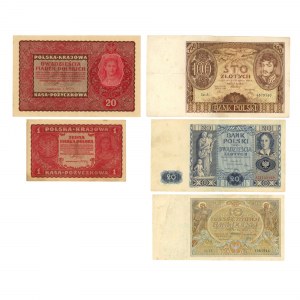 1 i 20 marek polskich 1919 oraz 10,20 i 100 złotych (1929-1936) - Zestaw 5 sztuk