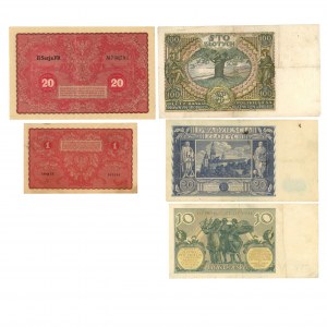 1 und 20 polnische Mark 1919 und 10,20 und 100 Zloty (1929-1936) - Satz zu 5 Stück