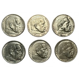 GERMANY Third Reich - 5 marks (1935-1936) Hindenburg set of 6 coins.
