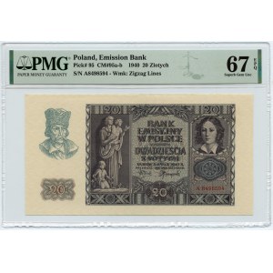 20 złotych 1940 - seria A - PMG 67 EPQ - 2-ga max nota PMG 67 EPQ