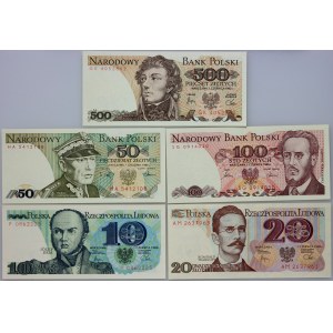 PRL, zestaw 5 banknotów, od 10 do 500 złotych, 1982-1988