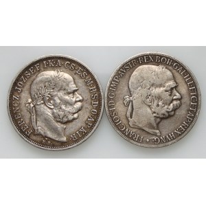 Austria, Franz Joseph I, set of 2 x 5 Korona, 1900 (Austria) and 1908 (Hungary)