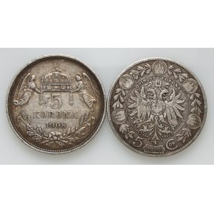 Austria, Franz Joseph I, set of 2 x 5 Korona, 1900 (Austria) and 1908 (Hungary)