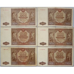 PRL, zestaw, 6 x 1000 złotych 15.01.1946, serie A., H, K, B, R, N