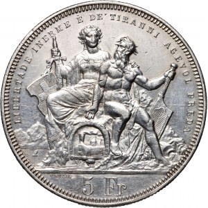 Switzerland, 5 Francs 1883, Lugano, Shooting Festival