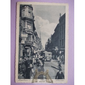 Bytom, Beuthen, ulica, Gliwicka, autobus, przechodnie, ok. 1940
