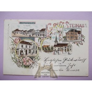 Ścinawa Mała k. Nysa, litografia, poczta, Rynek, sklep, 1900