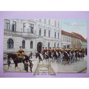 Oława, Ohlau, ulica, parada Huzarów von Schilla, 1915