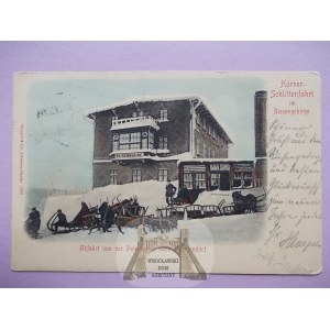 Krkonoše, Riesengebirge, chata, zostup do Jagniątkowa, rohaté sane, 1904