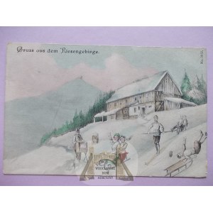 Krkonoše Mountains, Riesengebirge, humorous, sledge, cattleman, skis, ca. 1910