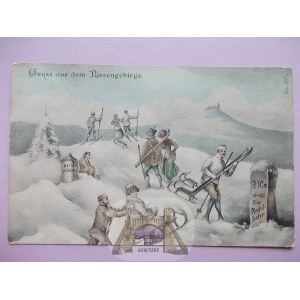 Krkonoše, Riesengebirge, žartovné, Sněžka, sane, lyže, asi 1910
