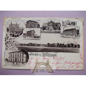 Wymiarki, Wiesau pri Żagani, litografia, železničná stanica, skláreň, 1900