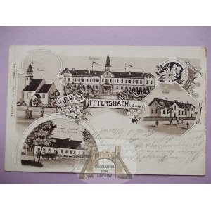 Dzietrzychowice bei Żagań, Lithographie, Schule, Gasthaus, Palast, 1902