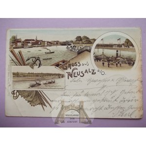 Nowa Sól, Neusalz, přístav, parník, litografie, 1900