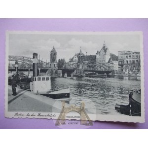 Szczecin, Stettin, bridge, steamboats, ca. 1935