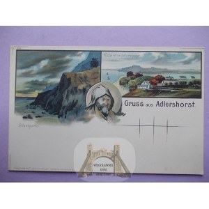 Gdynia Orłowo, rybak, 2 widoki, litografia, wzór pocztówki, ok. 1900