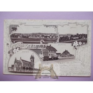 Mrągowo, Sensburg, litografia, dworzec, kościół, 1899