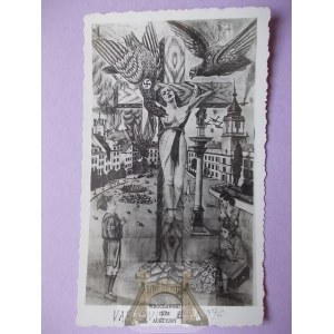 Warsaw, destruction, allegory of Poland, crucified woman, drawing of an NCO, 1939