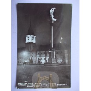 Warszawa, Kolumna Zygmunta nocą, fotograficzna, fot. Poddębski, ok. 1930