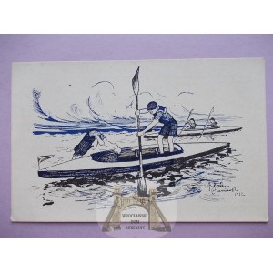 Námorná a koloniálna liga, skauting, kanoe, namaľoval W. Czarnecki, 1932