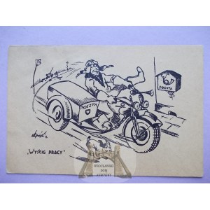 Poľská pošta - humor, grafika, Závod práce, motorka, okolo roku 1935