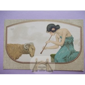 Art Nouveau, Raphael Kirchner, woman and ram, ca. 1900