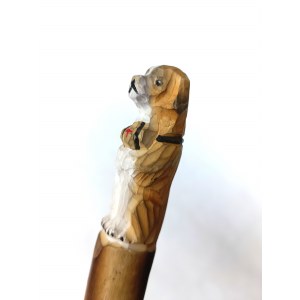 Wooden walking stick with a St. Bernard head