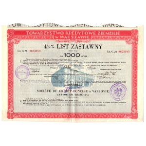 Towarzystwo Kredytowe Ziemskie in Warsaw - 4.5% mortgage bond series 5 for 1,000 zlotys 1939