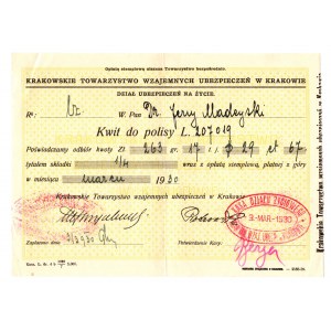 Kraków Mutual Insurance Society - receipt for policy Kraków 1930